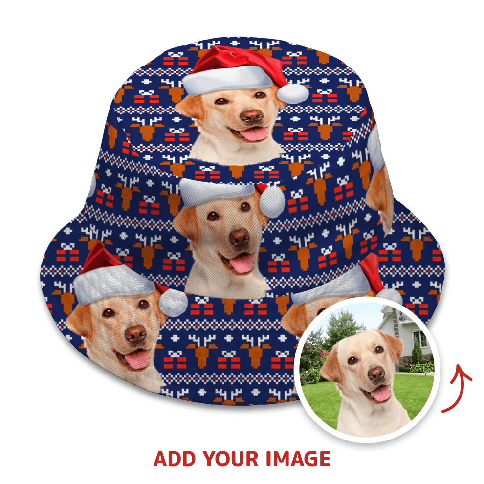 Custom Christmas Deer and a Gift  Pattern Bucket Hat with your Pet