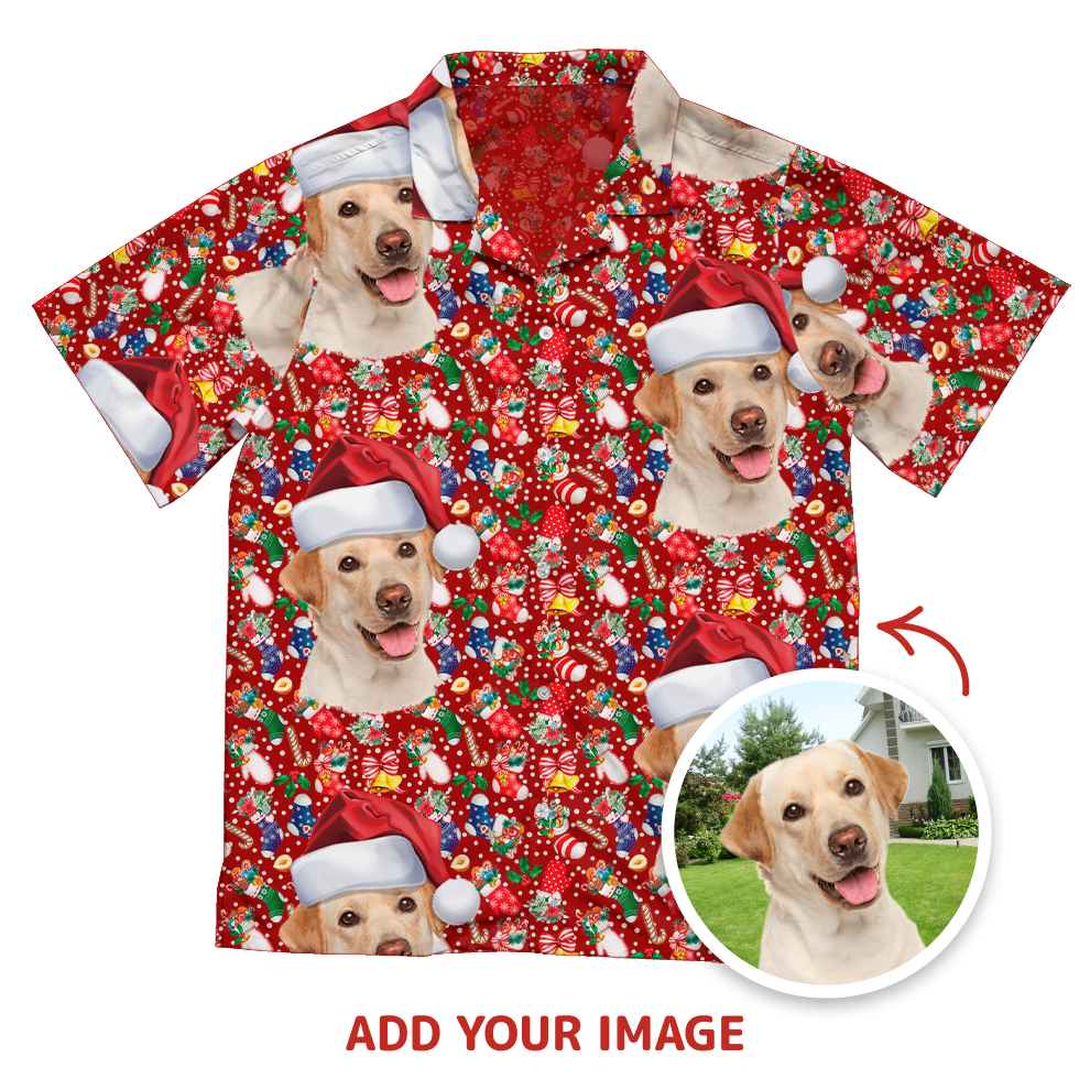 Custom Christmas Sock and Sugar Candy Pattern Short-Sleeve Hawaiian Shirt with your Pet